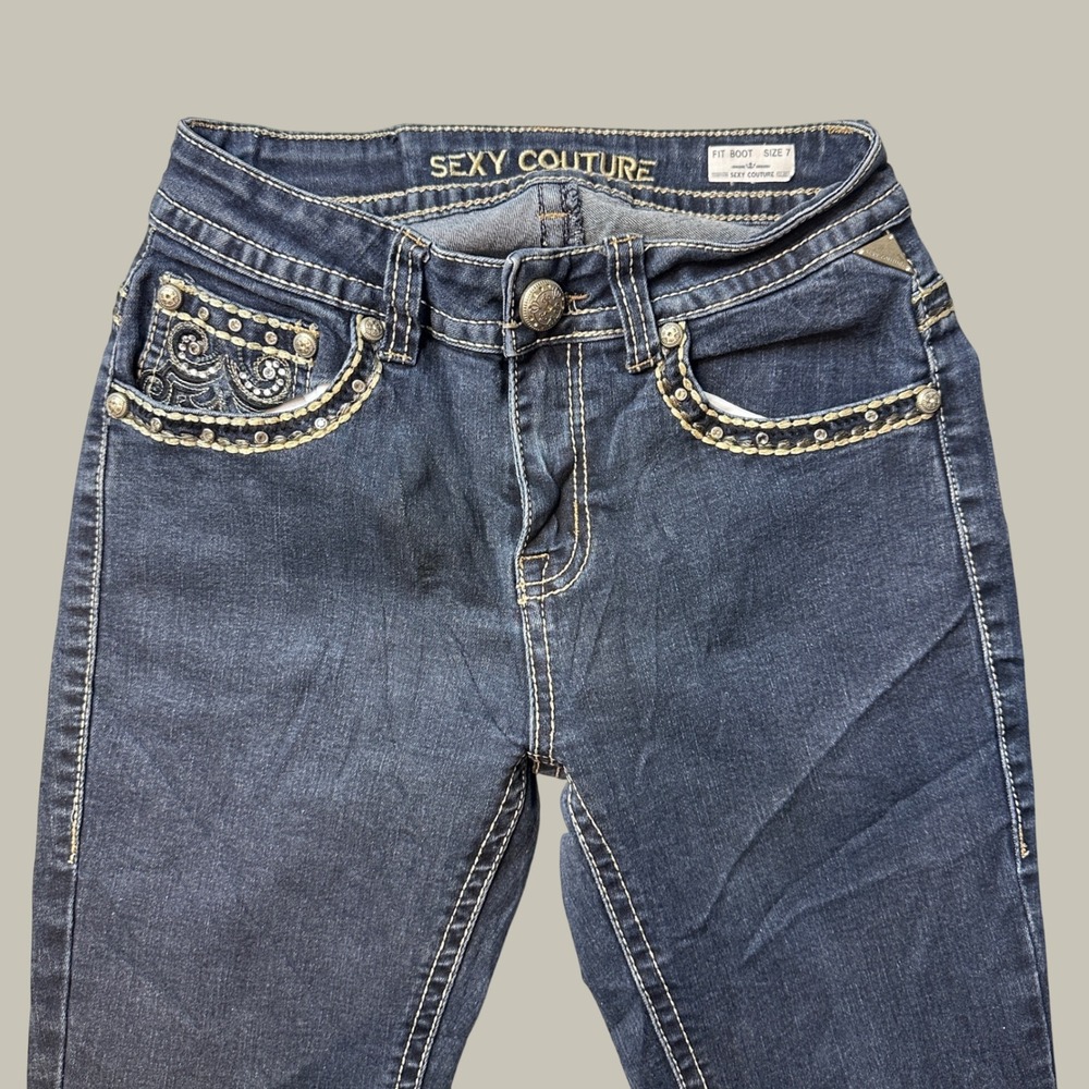 Sexy Couture Jeans Womens 7 Fit Boot Dark Wash Rhinestone Embroidered EXCELLENT
